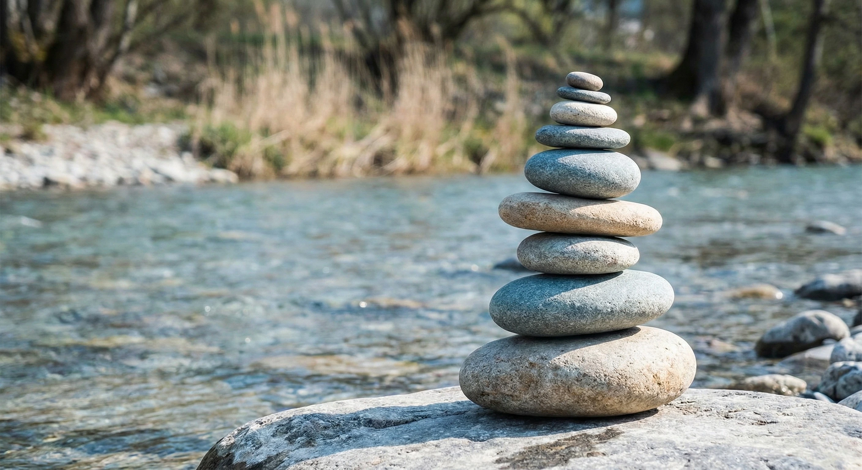A balanced stack of smooth river stones standing firm against a soft flowing river background, symbolizing the clinical stability and successful processing indicators in EMDR therapy. Carol Miles Training Center, Covington, LA.