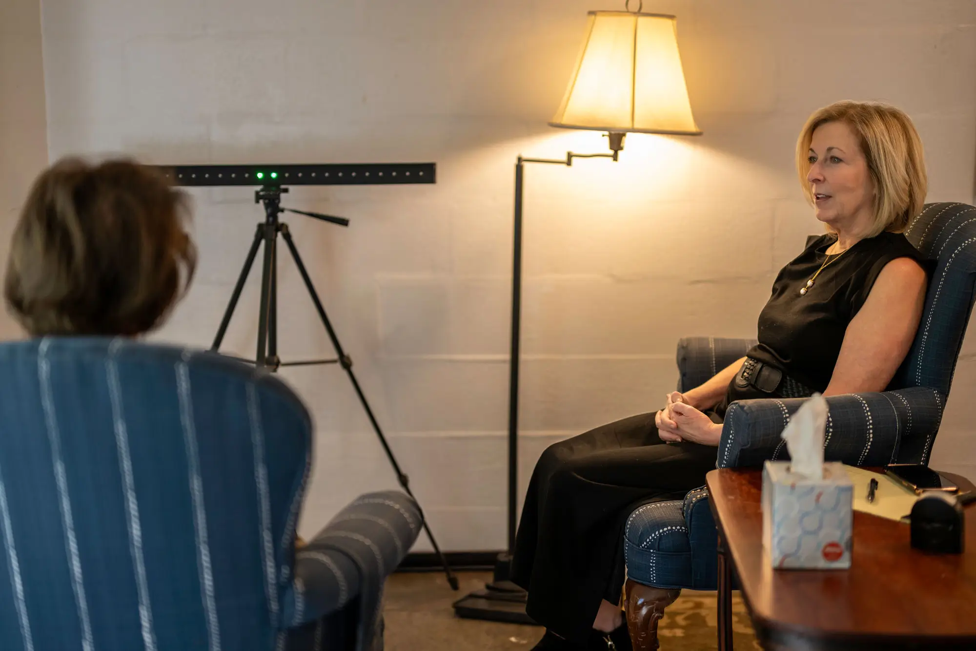 Carol Miles conducting an EMDR therapy session using a light bar for bilateral stimulation | Trauma Treatment Office | Covington & Hammond, LA (70433, 70401)